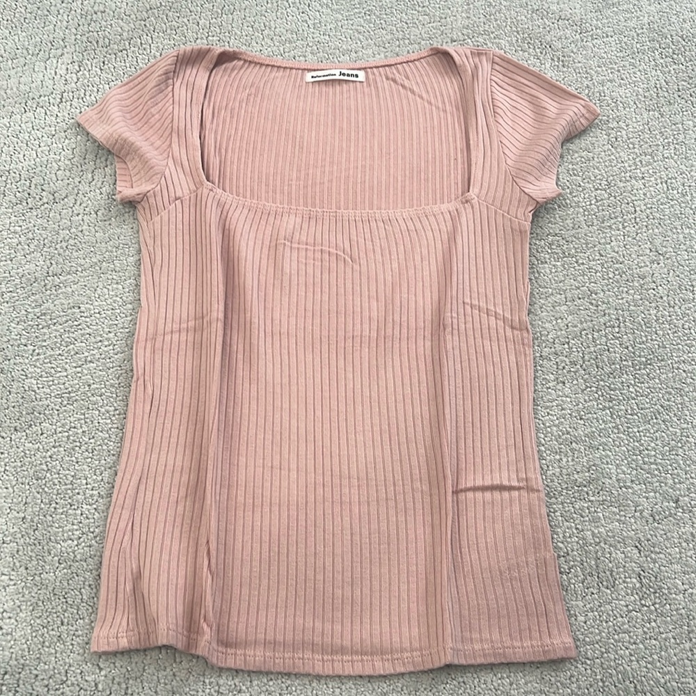 Reformation Rose Pink Ribbed Square Neck Fitted Tee Shirt, Size M WORN ONCE